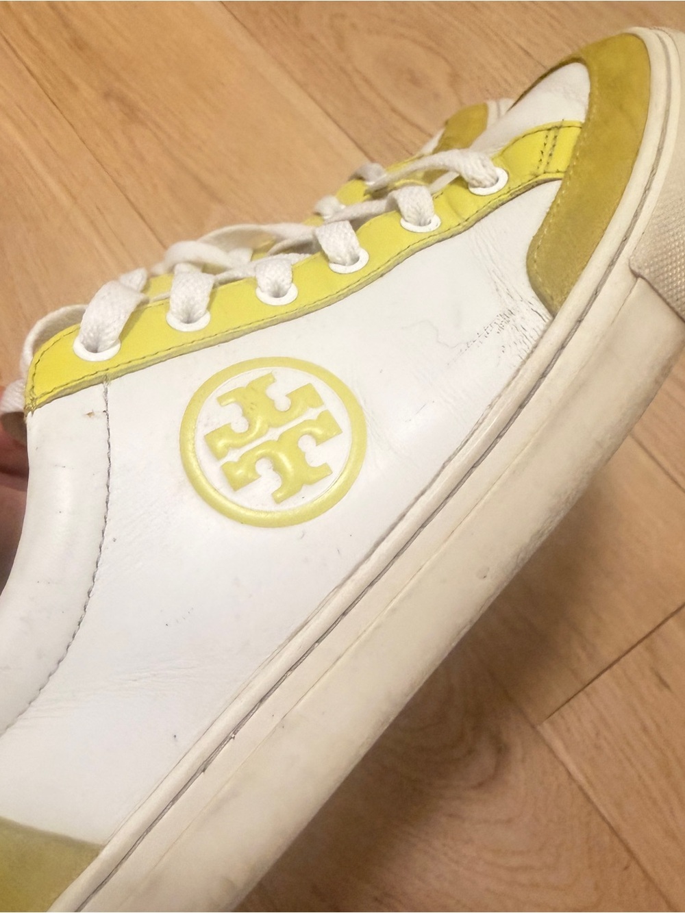 Tory Burch White Leather Sneakers with Yellow Accents